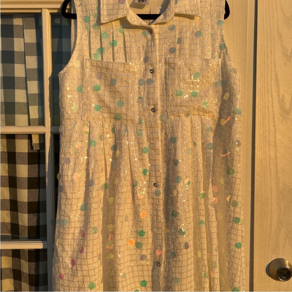 Queen Of Sparkles Liberty White Sleeveless Dress with Iridescent Dots - Picture 2 of 5